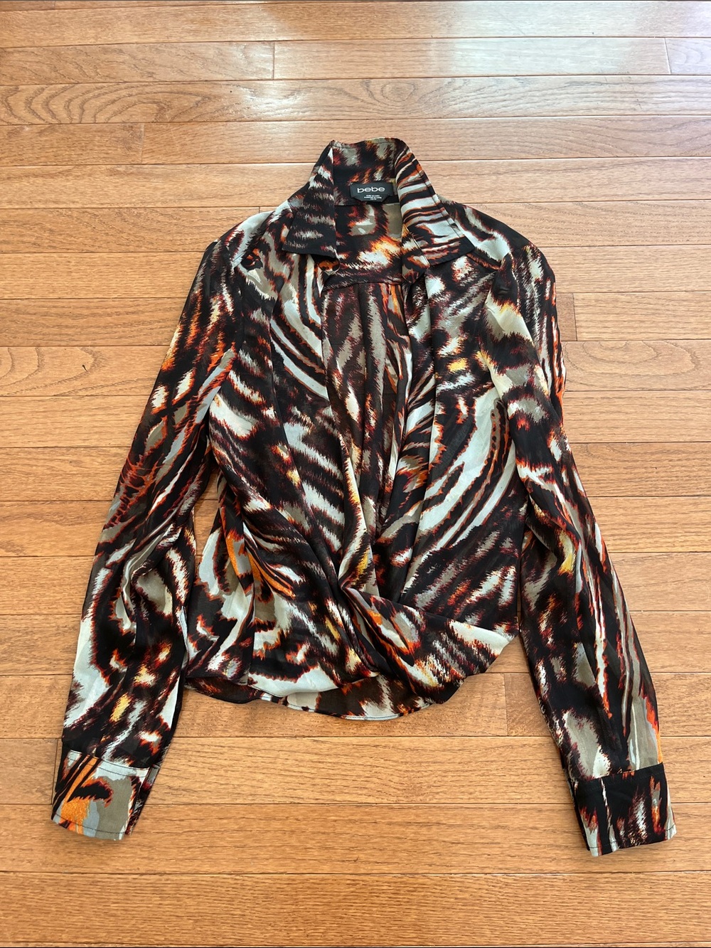 bebe Printed Twist-Front Long Sleeve Top in Multi-Color - Picture 2 of 6